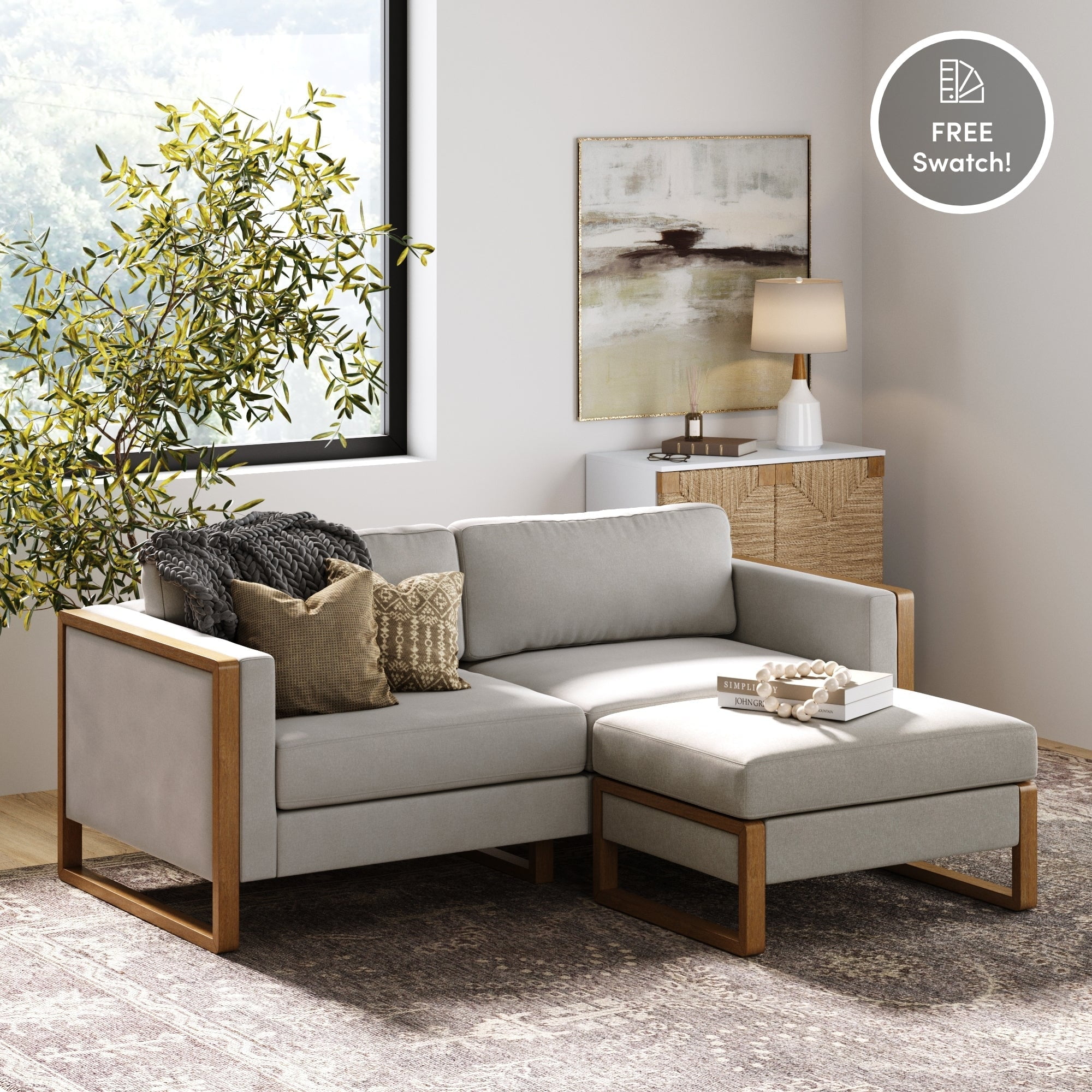 Nathan James Madison Modern 2-Seater Sofa Set with Storage Ottoman, Upholstered Modular Sofa with Cushion and Solid Wood Legs, Sand/Light Brown