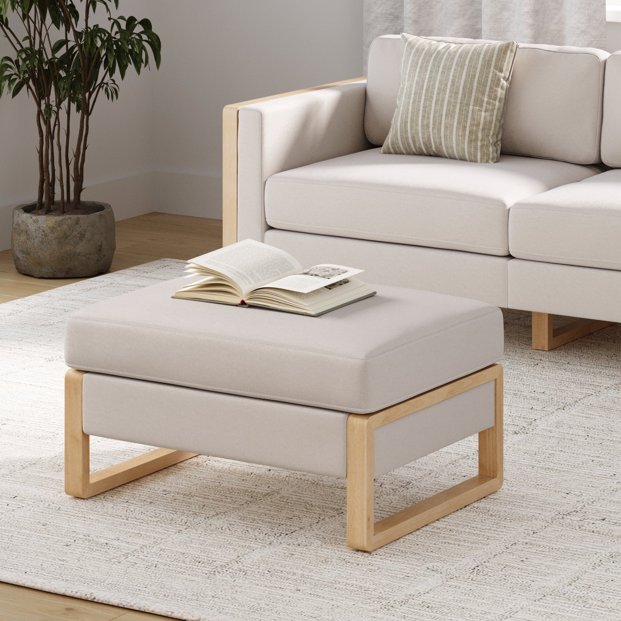Nathan James Madison Modern Faux Leather Ottoman with Storage, Upholstered Ottoman with Solid Wood Legs, Bisque/White Oak