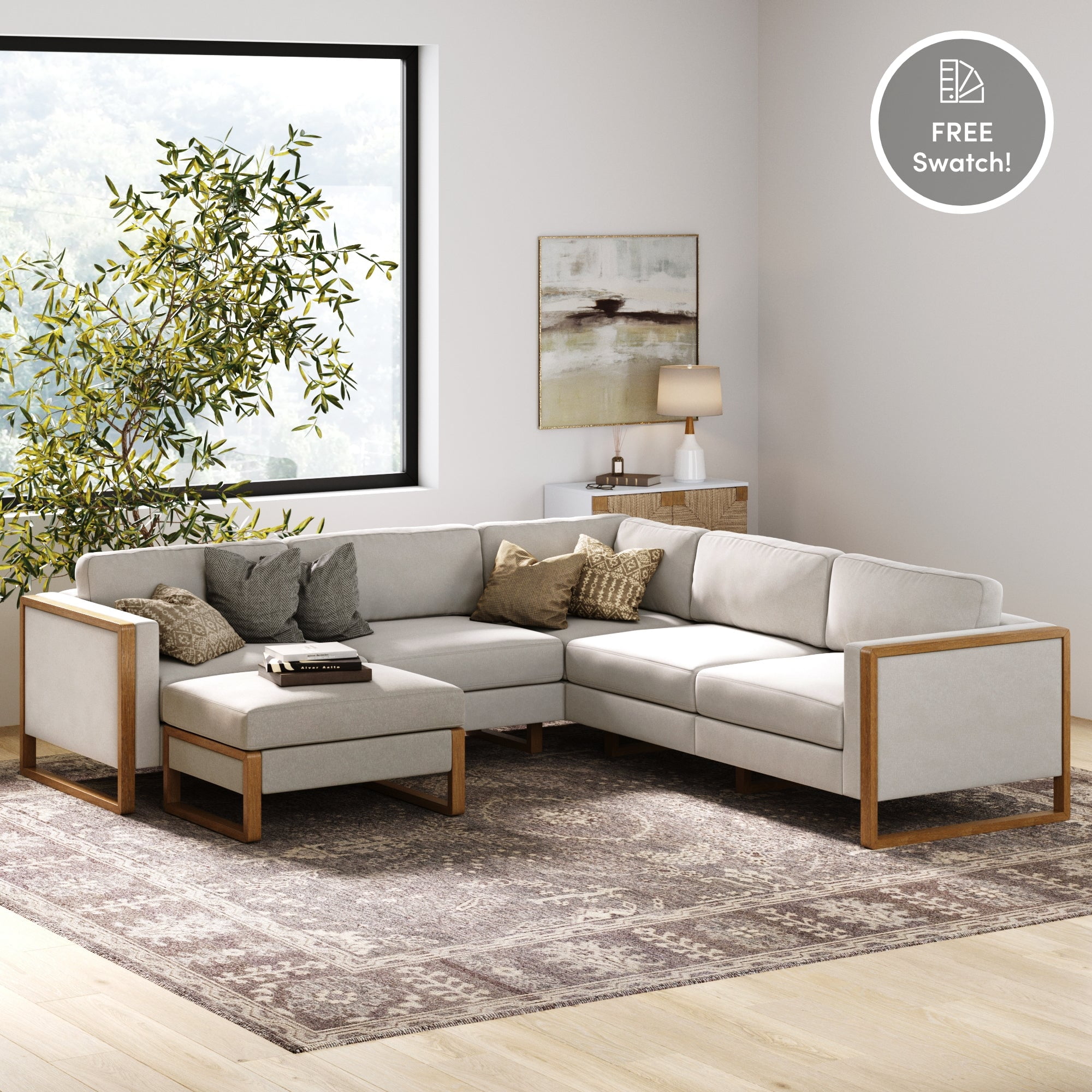 Nathan James Madison Modern Modular L-Shaped Sectional Sofa with Storage Ottoman, Upholstered 5-Seat Corner Sofa Set with Cushion and Solid Wood Legs, Sand/Light Brown