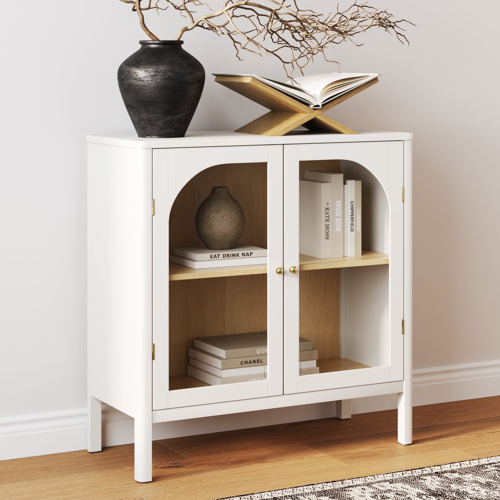 Nathan James Mason Free Standing Accent Sideboard Buffet, Credenza with Glass Doors and Adjustable Shelf in White Wood for Dining Room, Entryway and Living Room, Clear Glass/White/Light Oak