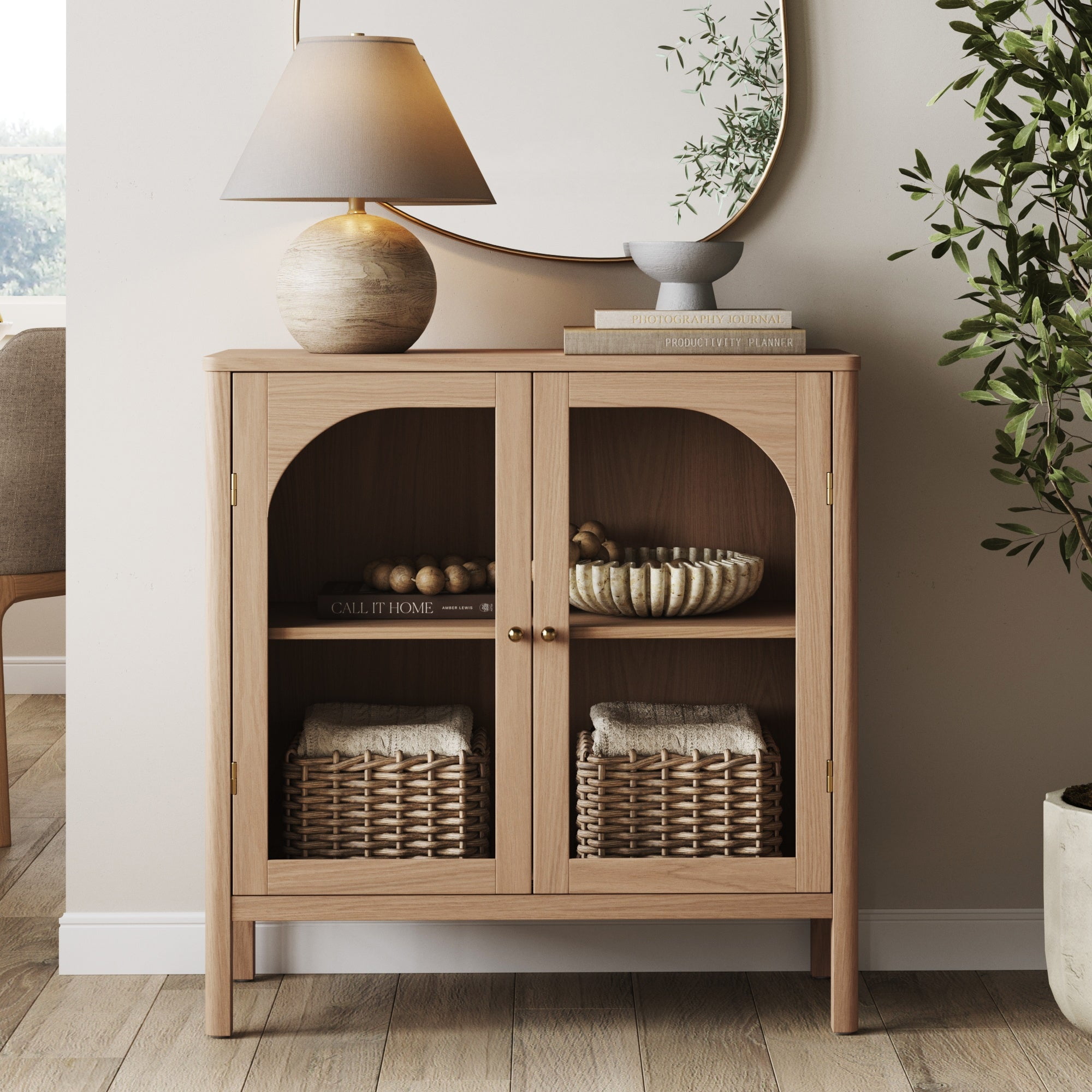 Raw Oak Modern Farmhouse Sideboard Buffet with Glass Doors