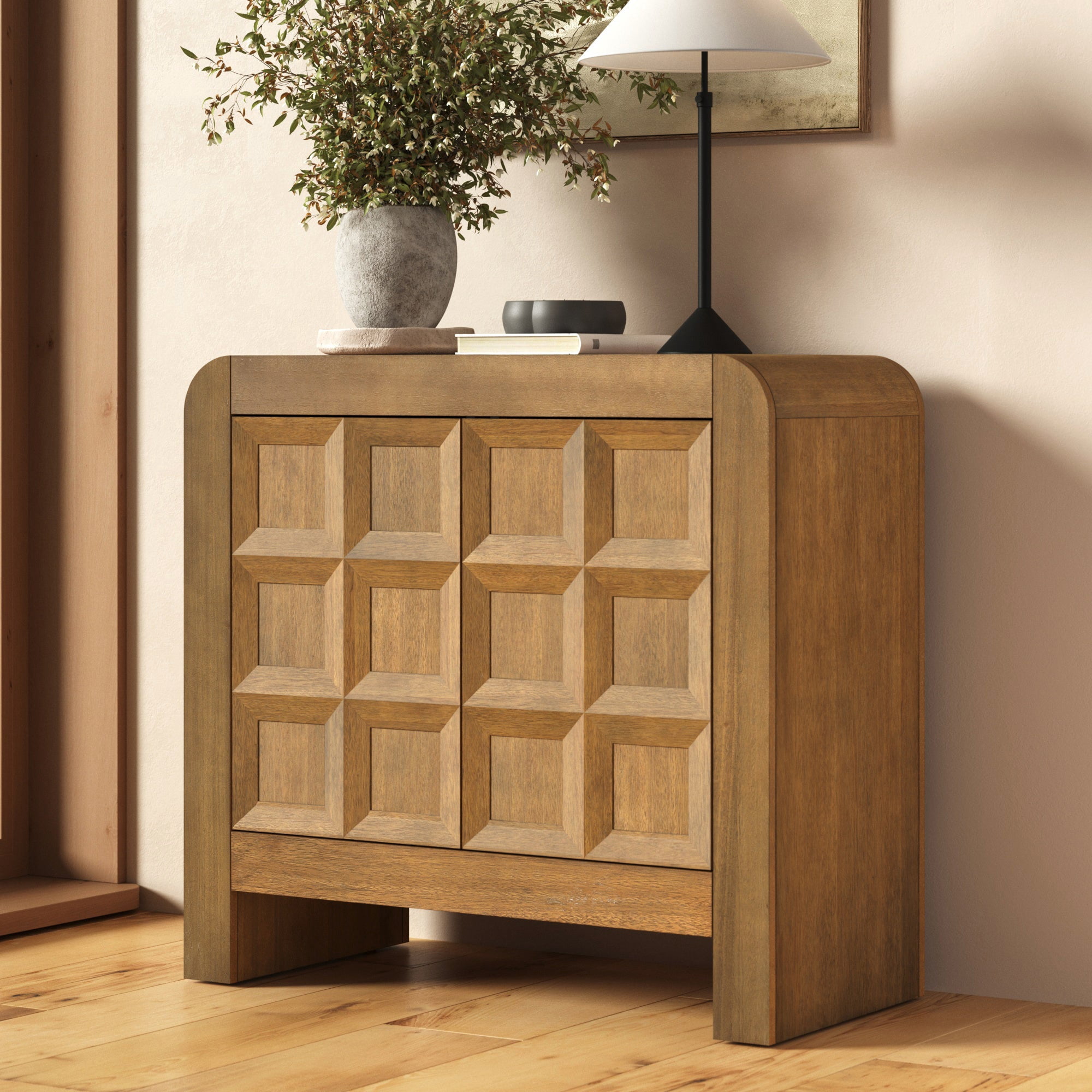 Nathan James Maya Mid Century Modern Credenza Cabinet, Wooden Storage Cabinet with Textured Geometric Doors, Light Brown