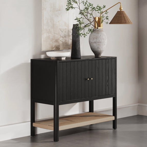 Nathan James Meads Mid Century Modern Cabinet with Doors, Solid Wood Kitchen Cabinet with Adjustable Interior Shelf and Seagrass Bottom Storage, Black Oak