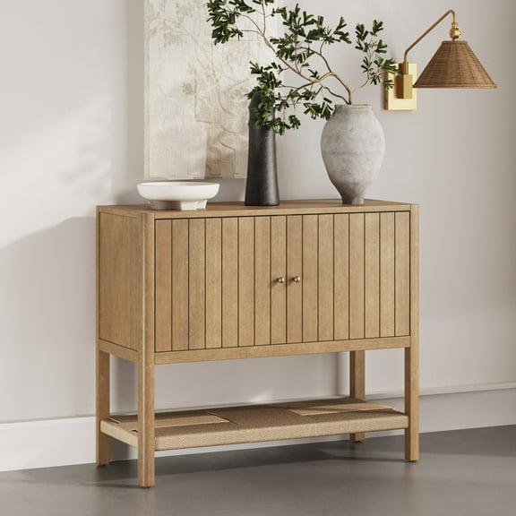 Nathan James Meads Mid Century Modern Cabinet with Doors, Solid Wood Kitchen Cabinet with Adjustable Interior Shelf and Seagrass Bottom Storage, Light Brown