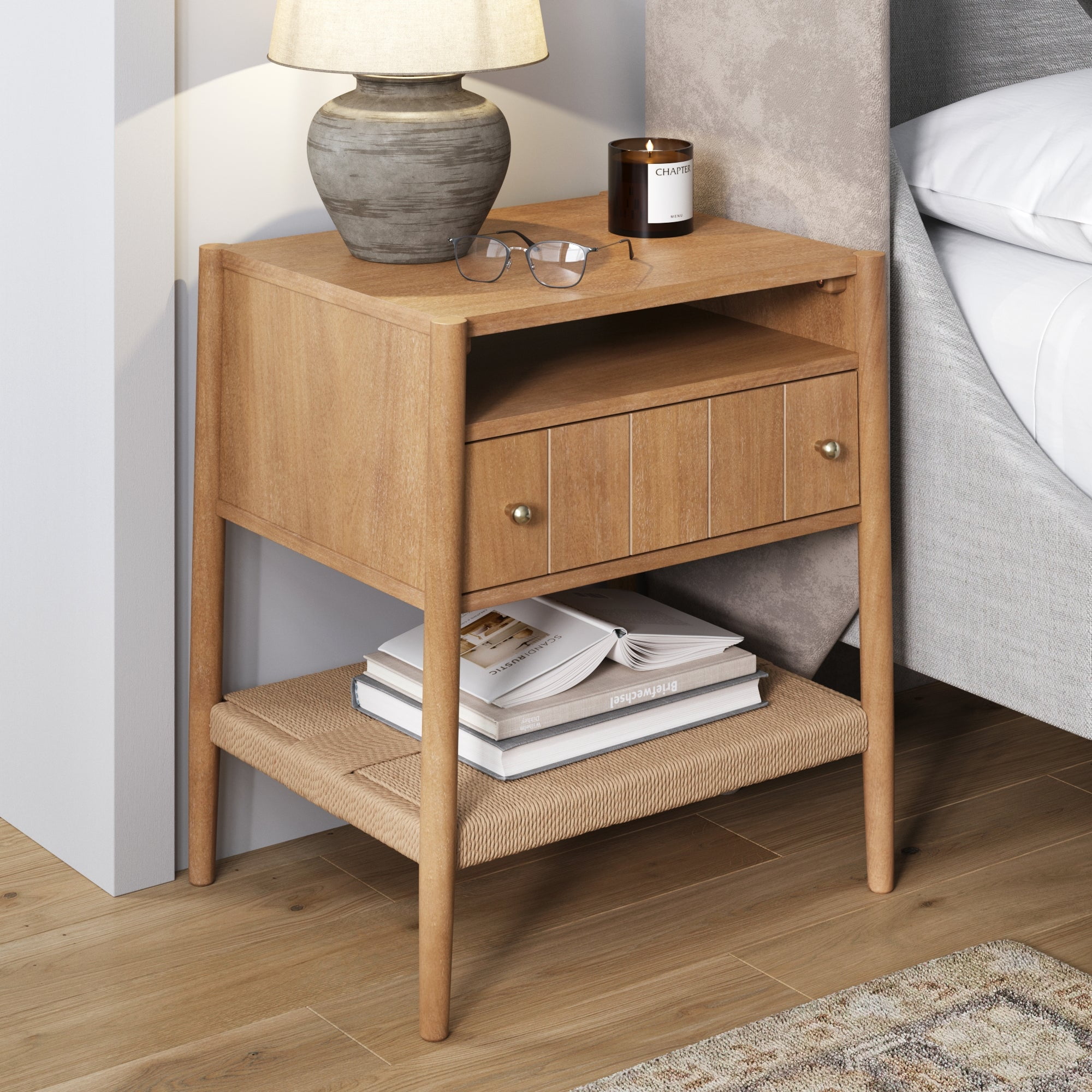 Nathan James Meads Wood Nightstand with Drawer, Vintage Nightstand with Seagrass Storage and Brass Handles, Light Brown