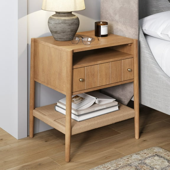 Nathan James Meads Wood Nightstand with Drawer, Vintage Nightstand with Seagrass Storage and Brass Handles, Light Brown