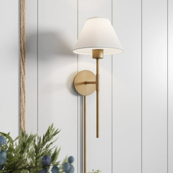 Nathan James Millie Plug-in Wall Sconce, Wall Mounted Bedside Reading Lamp with Cotton Shade and Brass Back Plate