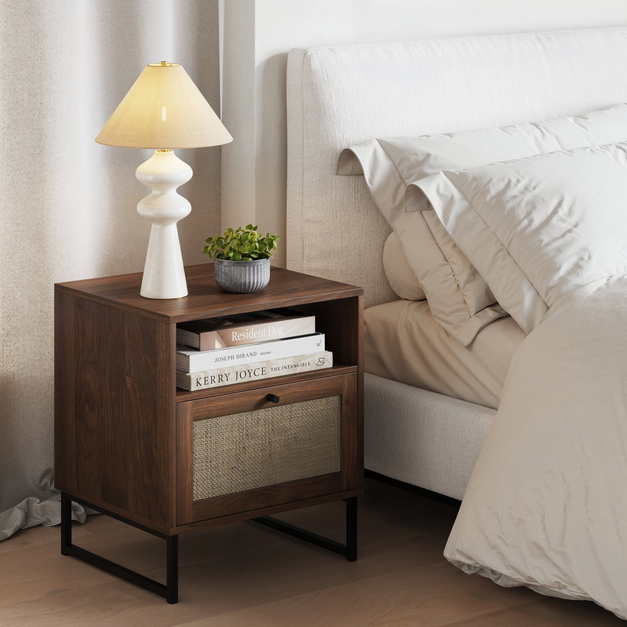 Nathan James Mina Accent Nightstand Table with Rattan Storage Door