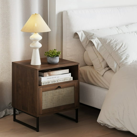Nathan James Mina Boho Nightstand, Small Nightstand Table, Rattan End Table with Storage, Walnut Side Table with Rattan Accent