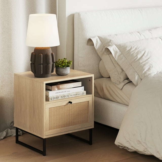 Nathan James Mina Natural Oak Wood Black Accent with Storage Living Room End Table or Bedroom Nightstand