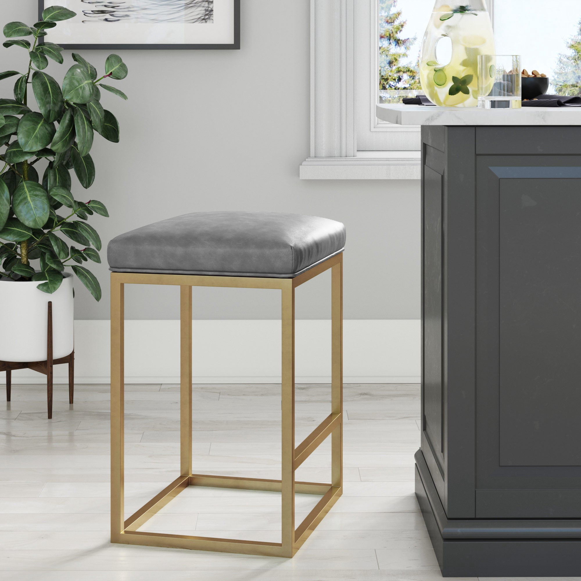 Nathan James Nelson Bar Stool with Leather Cushion and Metal Base, 24", Gray/Gold