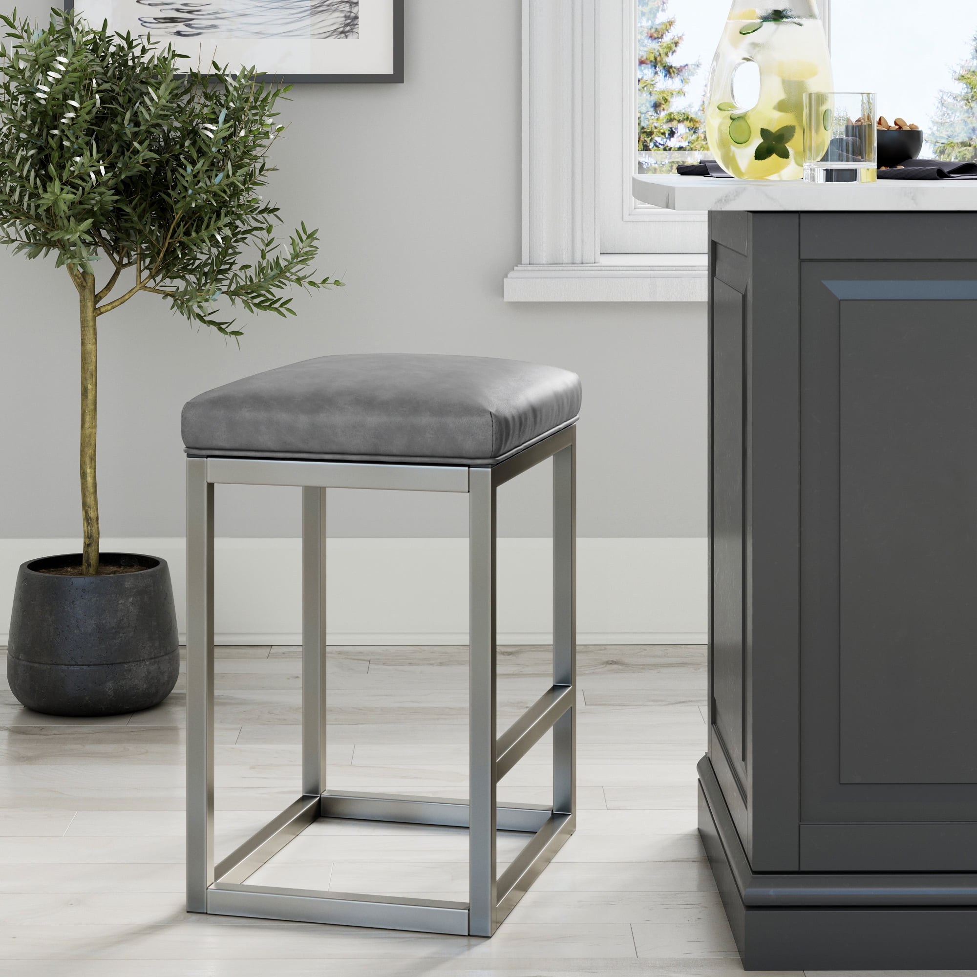 Nathan James Nelson Bar Stool with Leather Cushion and Metal Base, 24", Gray/Stainless Steel