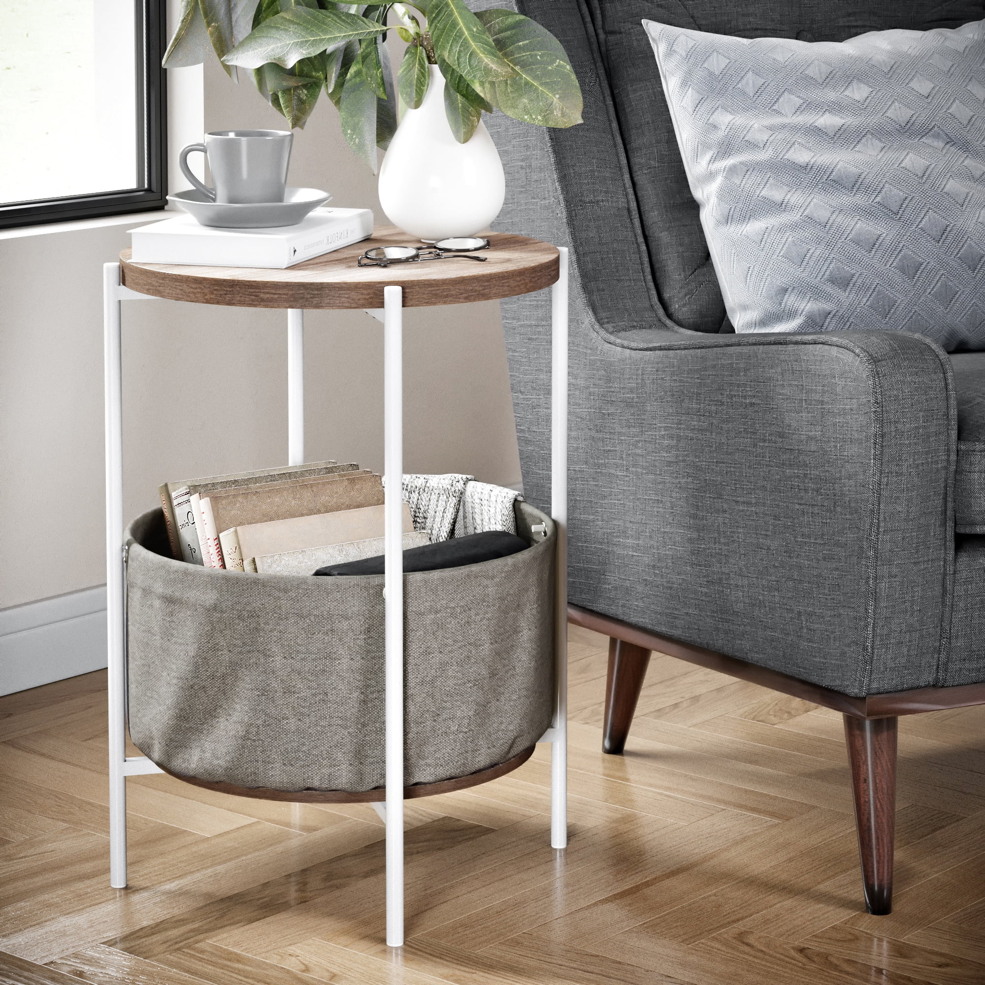 Nathan James Oraa Wood Side Table with Gray Fabric Storage Dark