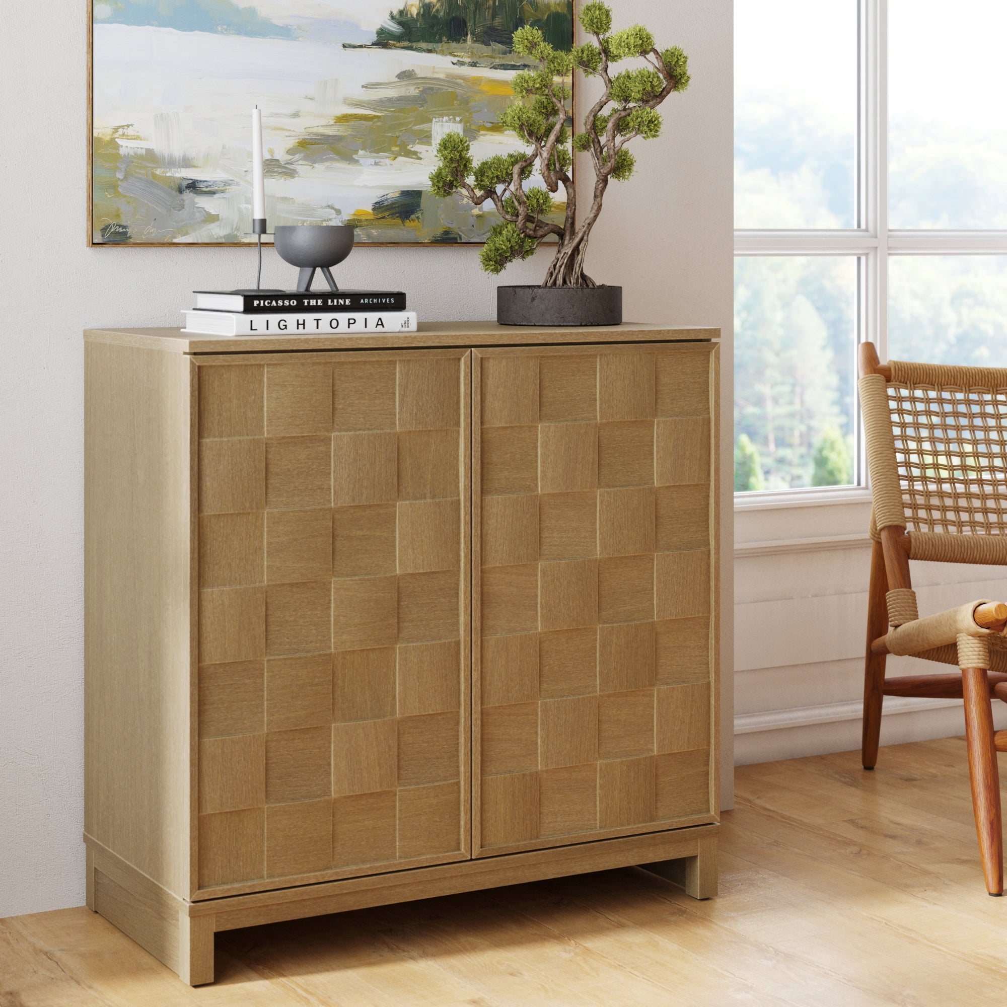 Nathan James Paige Mid Century Modern Bar Cabinet Credenza, Light Wood Accent Cabinet with Sculpted Doors and Interior Adjustable Shelf, Light Brown