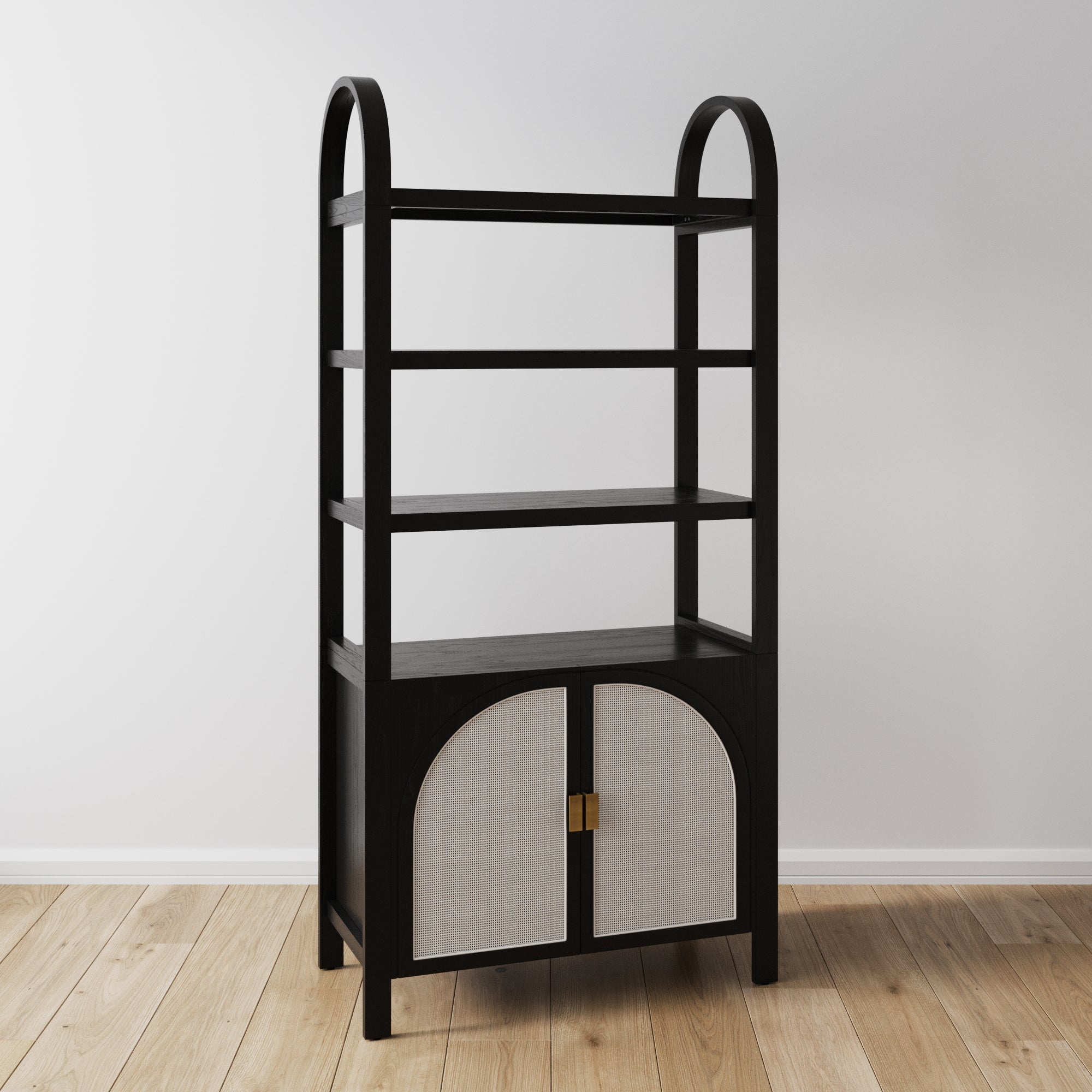 Paxton Black Oak 71" Boho Bookshelf Cabinet with Faux Rattan Doors