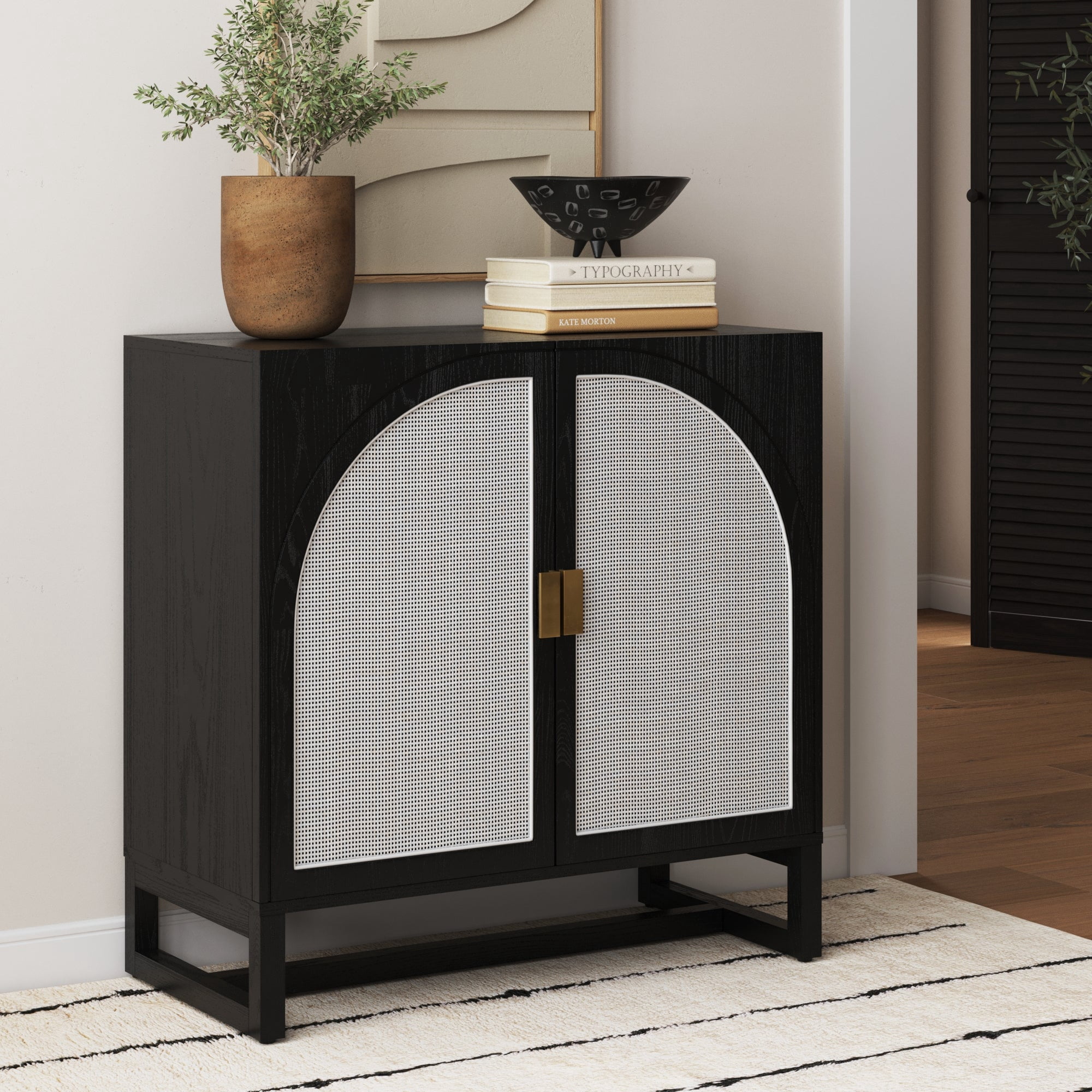 Nathan James Paxton Boho Wood Storage Cabinet with Doors, Small Storage Cabinet for Living Room or Kitchen with Rattan Door Details, Black Oak