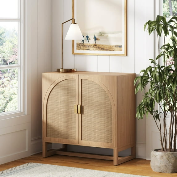 Nathan James Paxton Mid-Century Modern Wood Storage Cabinet with Doors, Arched Storage Cabinet for Living Room or Kitchen with Rattan Door Details, Raw Oak