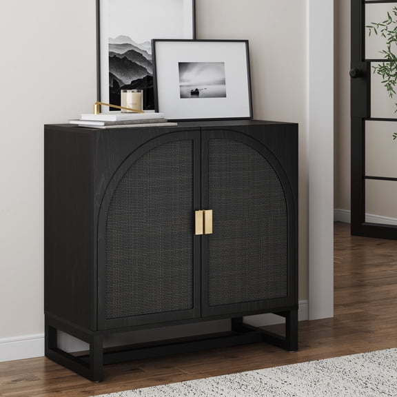Nathan James Paxton Modern 2-Door Rattan Storage Cabinet, Wooden Cabinet with Doors for Living Room or Kitchen, Black Rattan