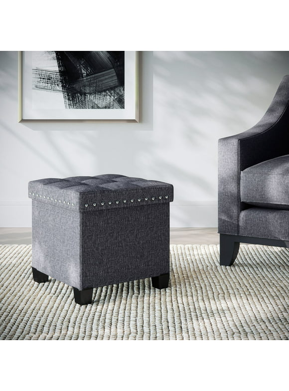 Nathan James Payton Foldable Cube Storage Ottoman Footrest and Seat with Gray Fabric