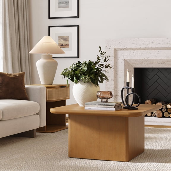 Nathan James Rein Organic Modern Coffee Table, Rustic Wood Square Coffee Table with Rounded Edge, Pedestal Coffee Table for Living Room, Light Brown