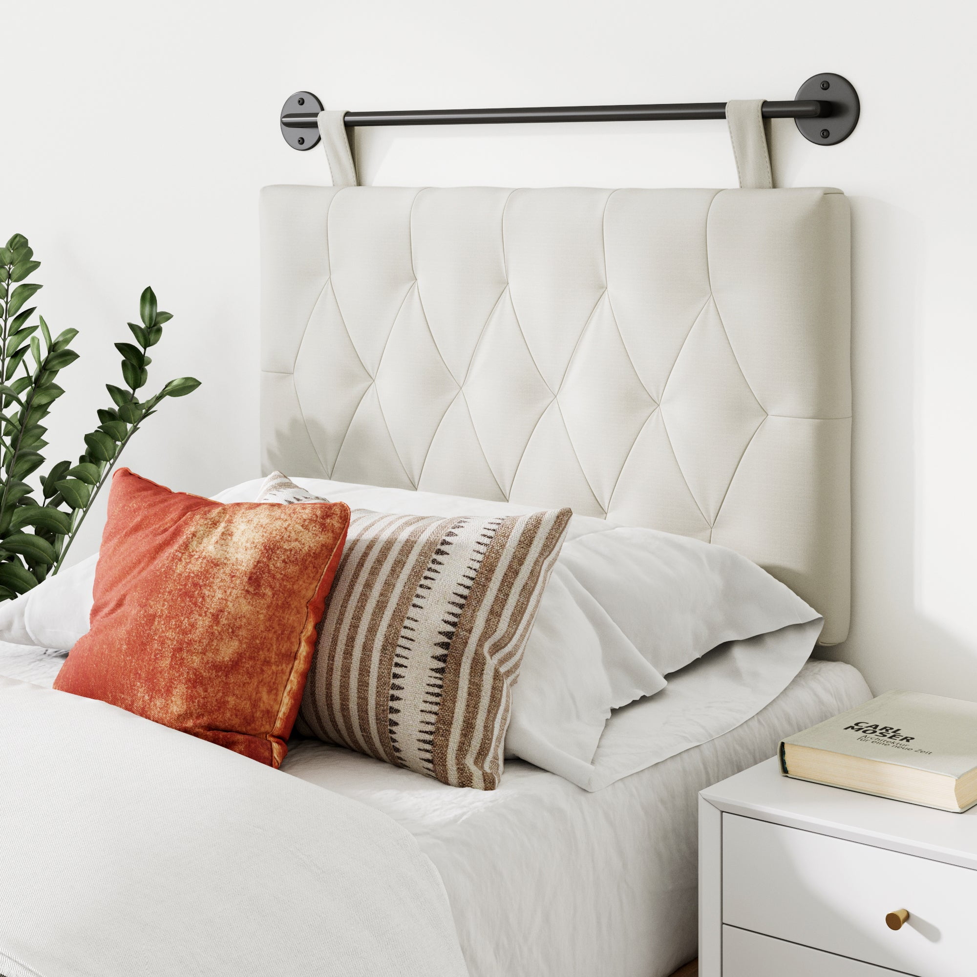 Nathan James Remi Twin Wall Mount White Button Tufted Headboard with Adjustable Straps and Black Metal Rail