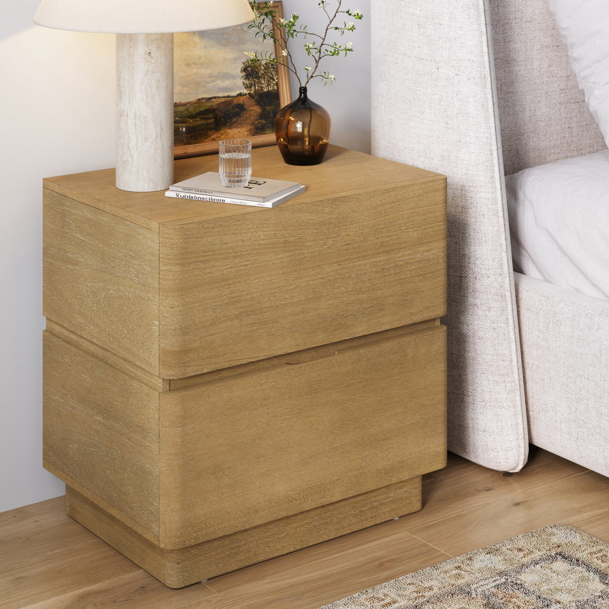 Nathan James Rivelle Modern Contemporary Nightstand with Drawer, Minimalist Solid Wood Bedside Table with 2 Drawers, Light Brown