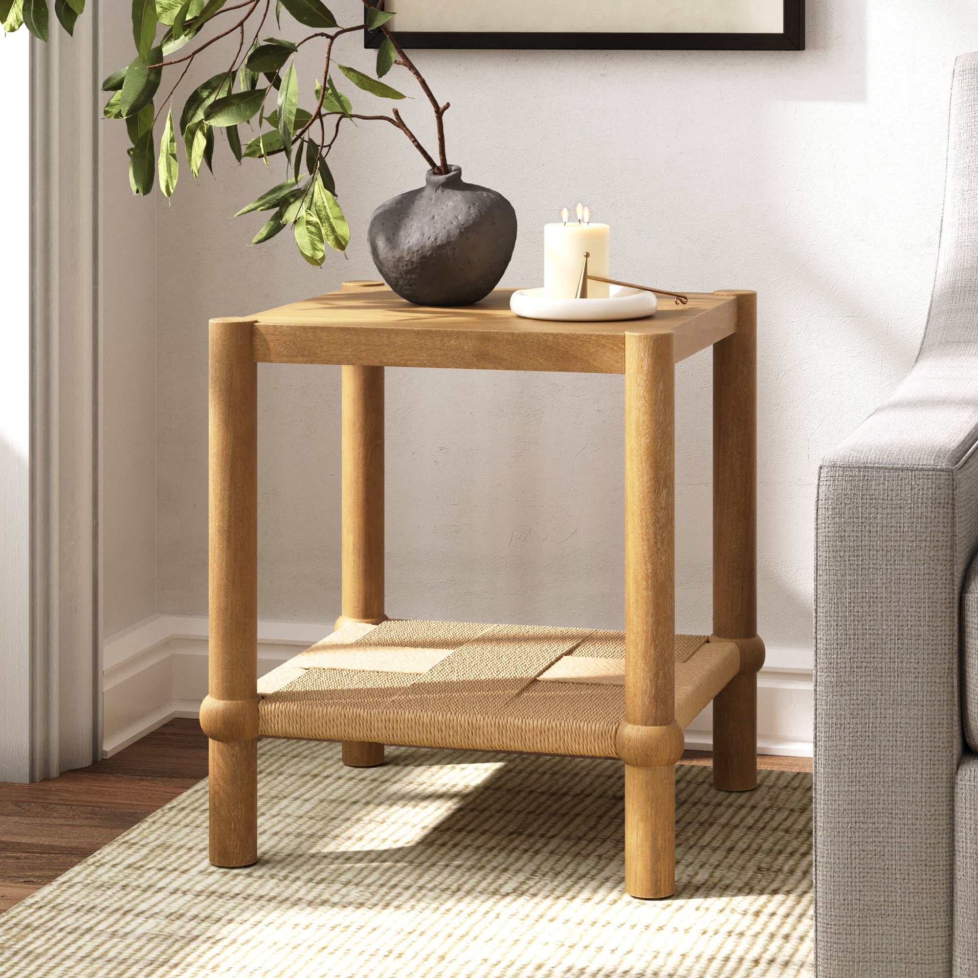 Nathan James River Modern Coastal Side Table with Solid Wood Legs and Seagrass Storage Shelf, Light Brown