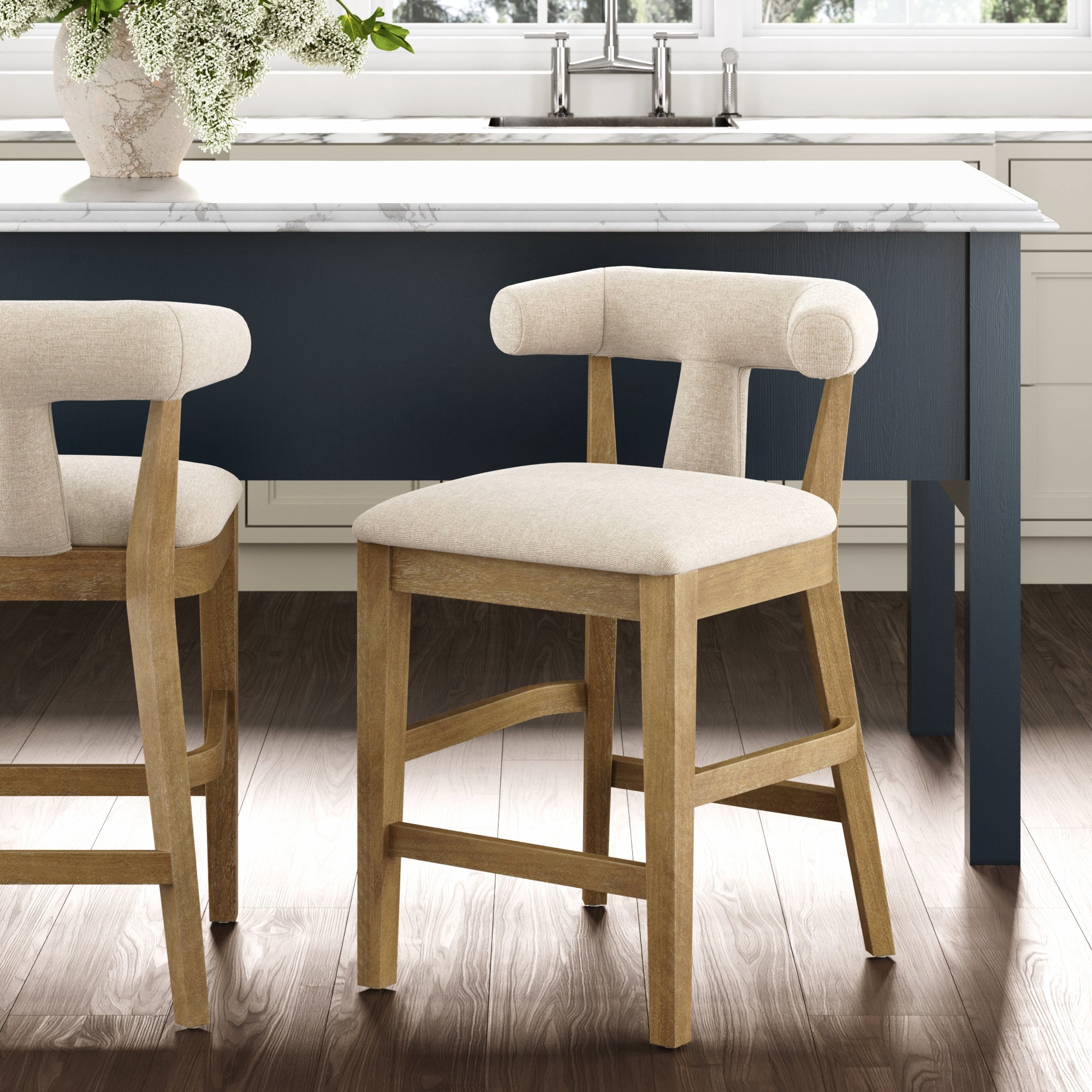 Nathan James Sofia Modern Coastal Bar Stool with Backrest, Counter Height Bar Stool with Flax Upholstery and Solid Wood Legs, Light Brown