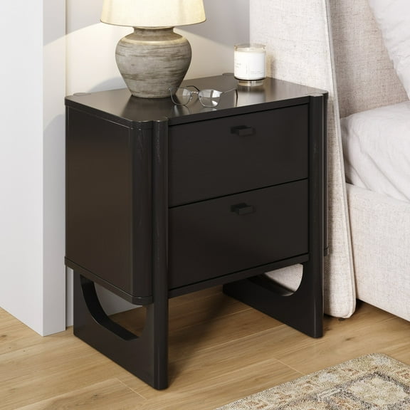Nathan James Solace Mid Century Modern 2 Drawer Nightstand with Solid Wood Frame and Rounded Details, Black