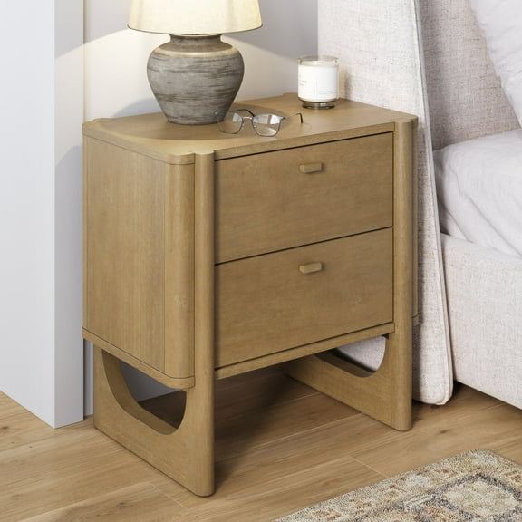 Nathan James Solace Mid Century Modern 2 Drawer Nightstand with Solid Wood Frame and Rounded Details, Light Brown