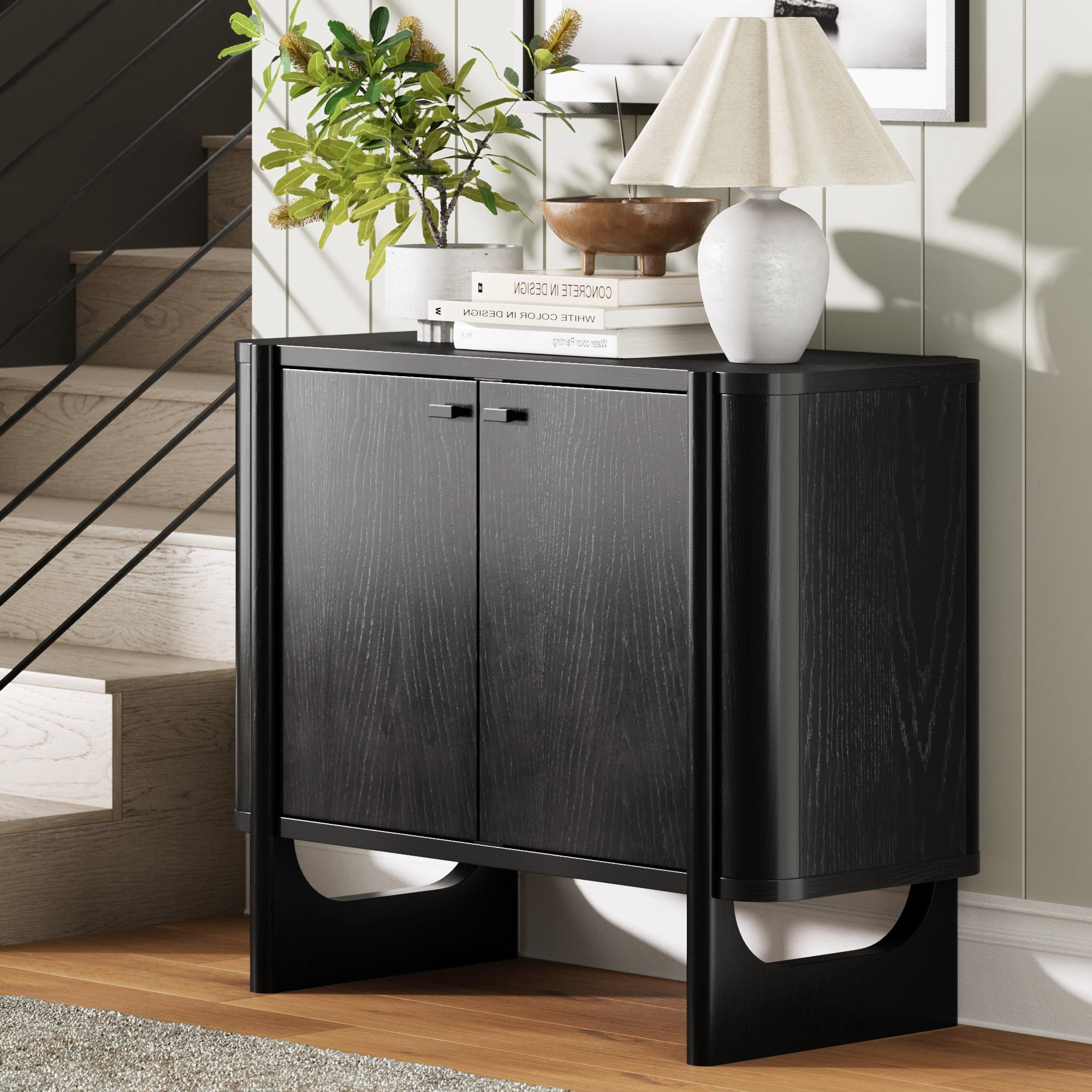 Nathan James Solace Mid Century Modern Cabinet, Black Storage Cabinet or Accent Cabinet with Doors with Solid Wood Legs and Adjustable Shelf
