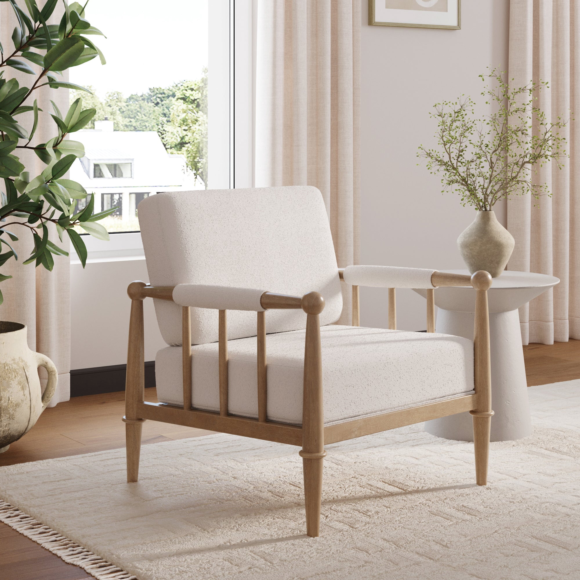 Nathan James Spencer Boucle Accent Chair, Bohemian Armchair with Solid Wood Frame and Upholstered Foam Cushion, Cream/Light Brown