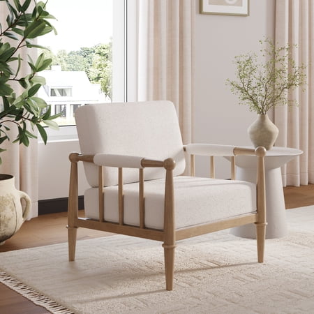 Nathan James Spencer Boucle Accent Chair, Bohemian Armchair with Solid Wood Frame and Upholstered Foam Cushion, Cream/Light Brown
