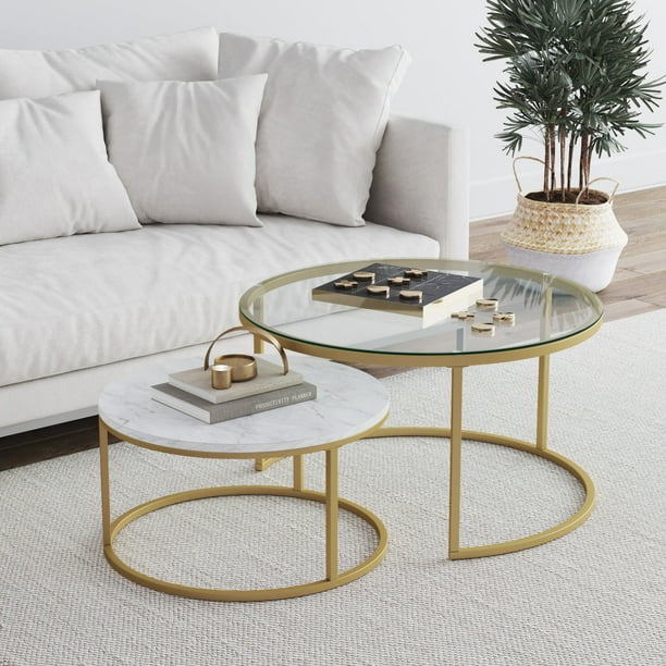 Nathan James Luxurious Nesting Round Tempered Glass and Paper Laminate Coffee Table White Gold Walmart Business Supplies