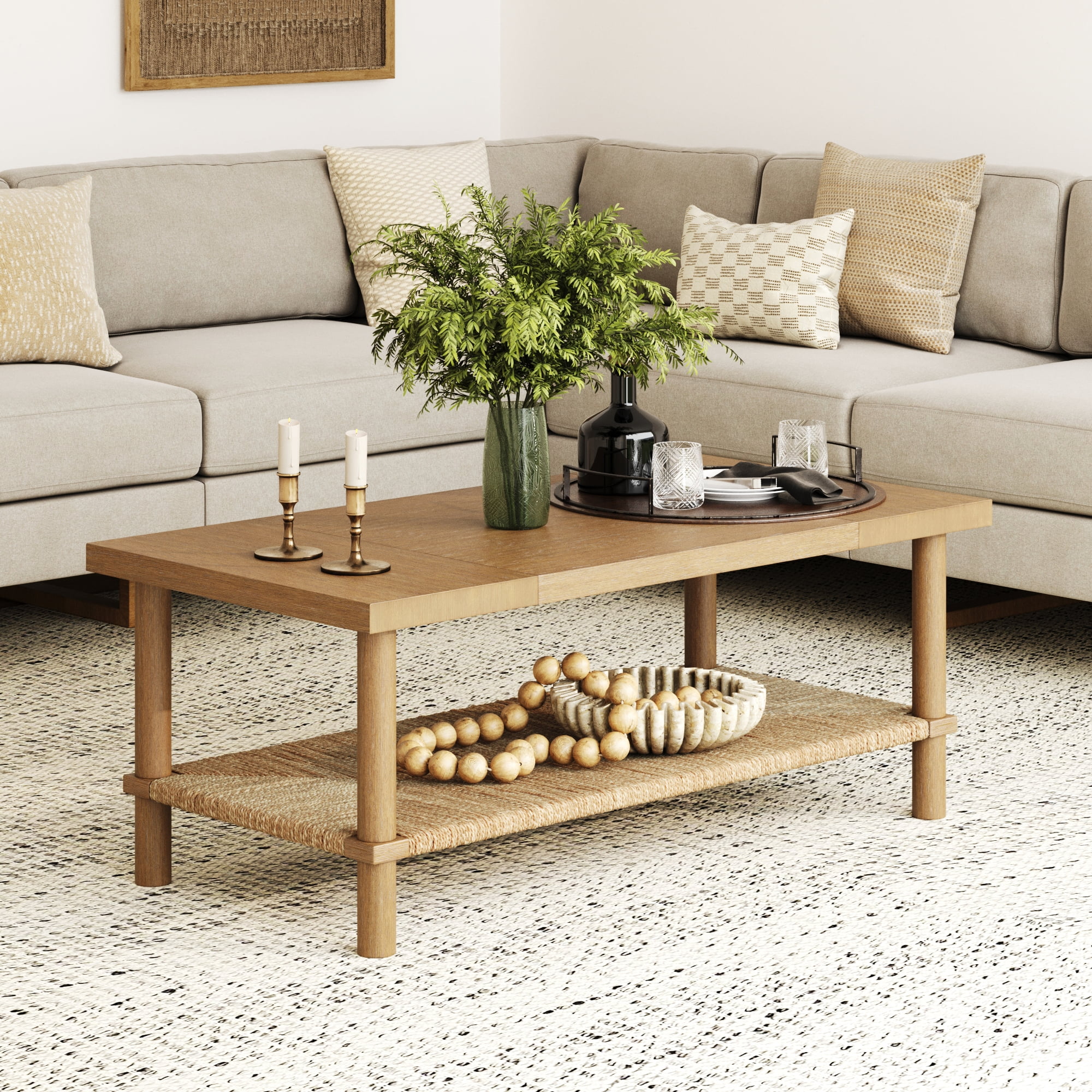Nathan James Storage and Seagrass Accent Rectangle Coffee Table, Light Brown