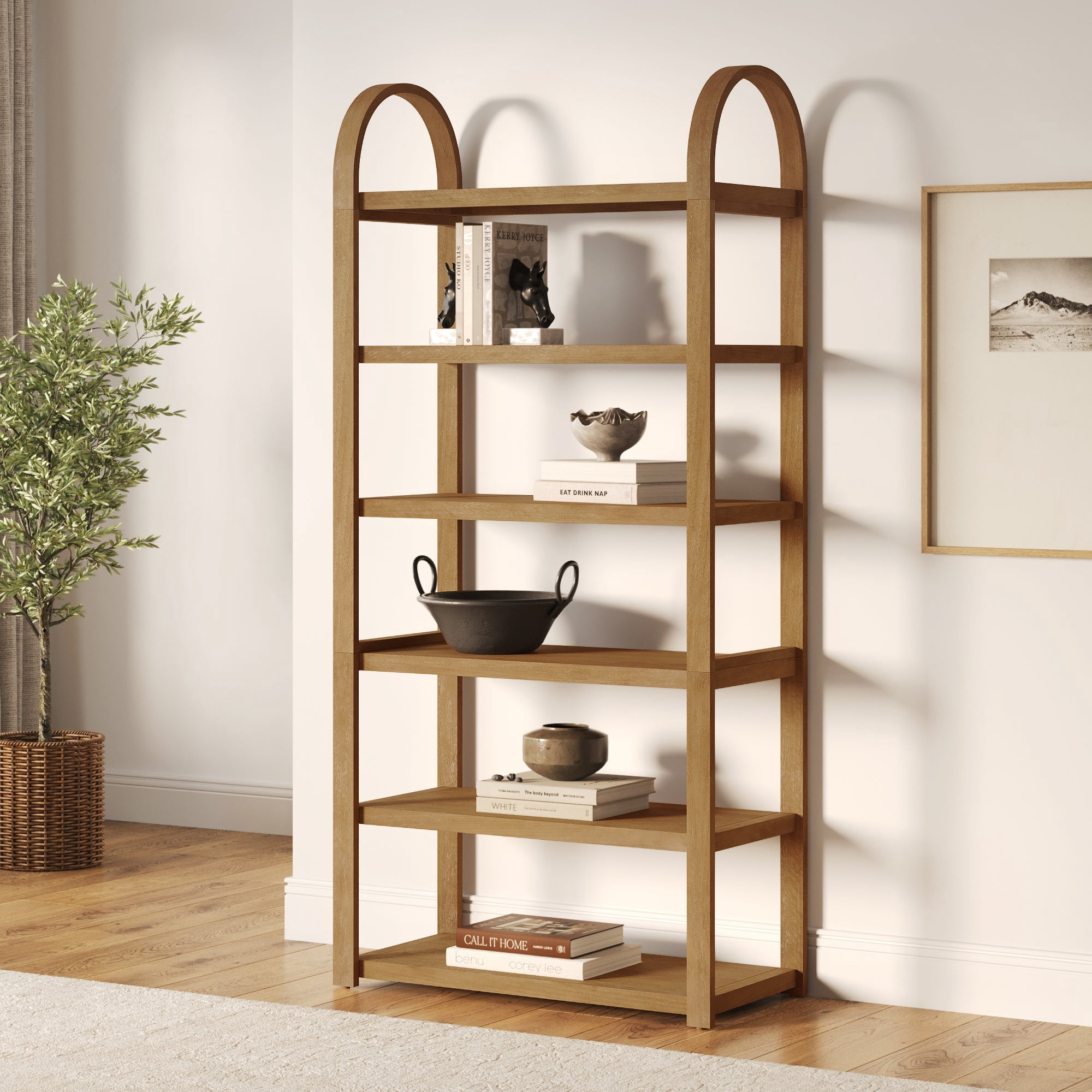 Nathan James Syd 6-Tier Arched Bookcase, Solid Wood Etagere Bookshelf, Light Brown