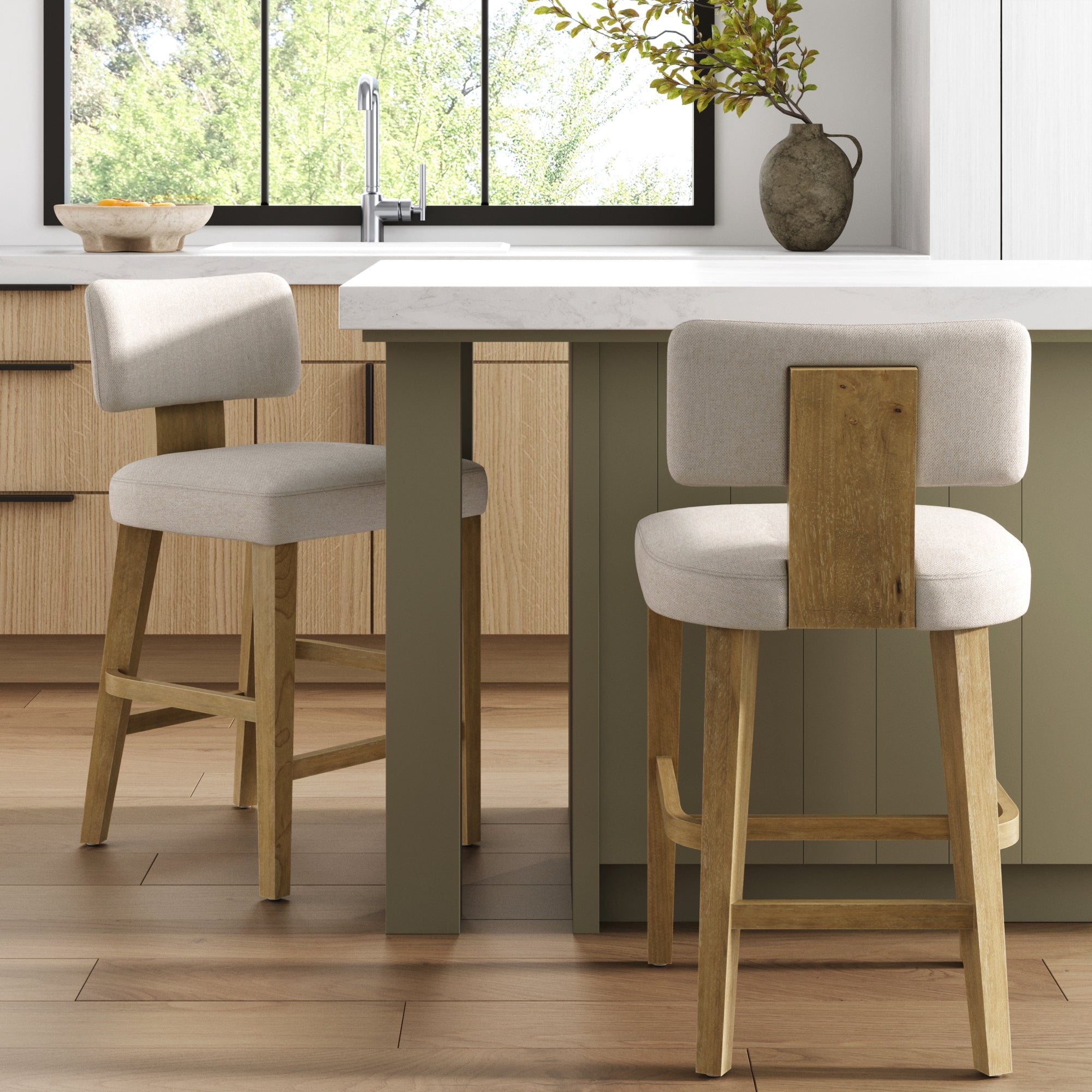 Nathan James Thalen Scandinavian Bentwood Counter Stools, Solid Wood Counter Stools Set of 2 with Flax Upholstery, Light Brown