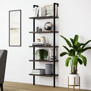 Nathan James Theo 5 - Shelf Ladder Bookcase Rustic Dark Walnut Brown Wood Black Metal Frame