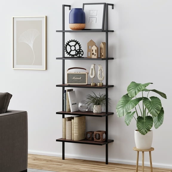 Nathan James Theo 5-Shelf Ladder Bookcase Walnut Brown Wood Black Metal Frame