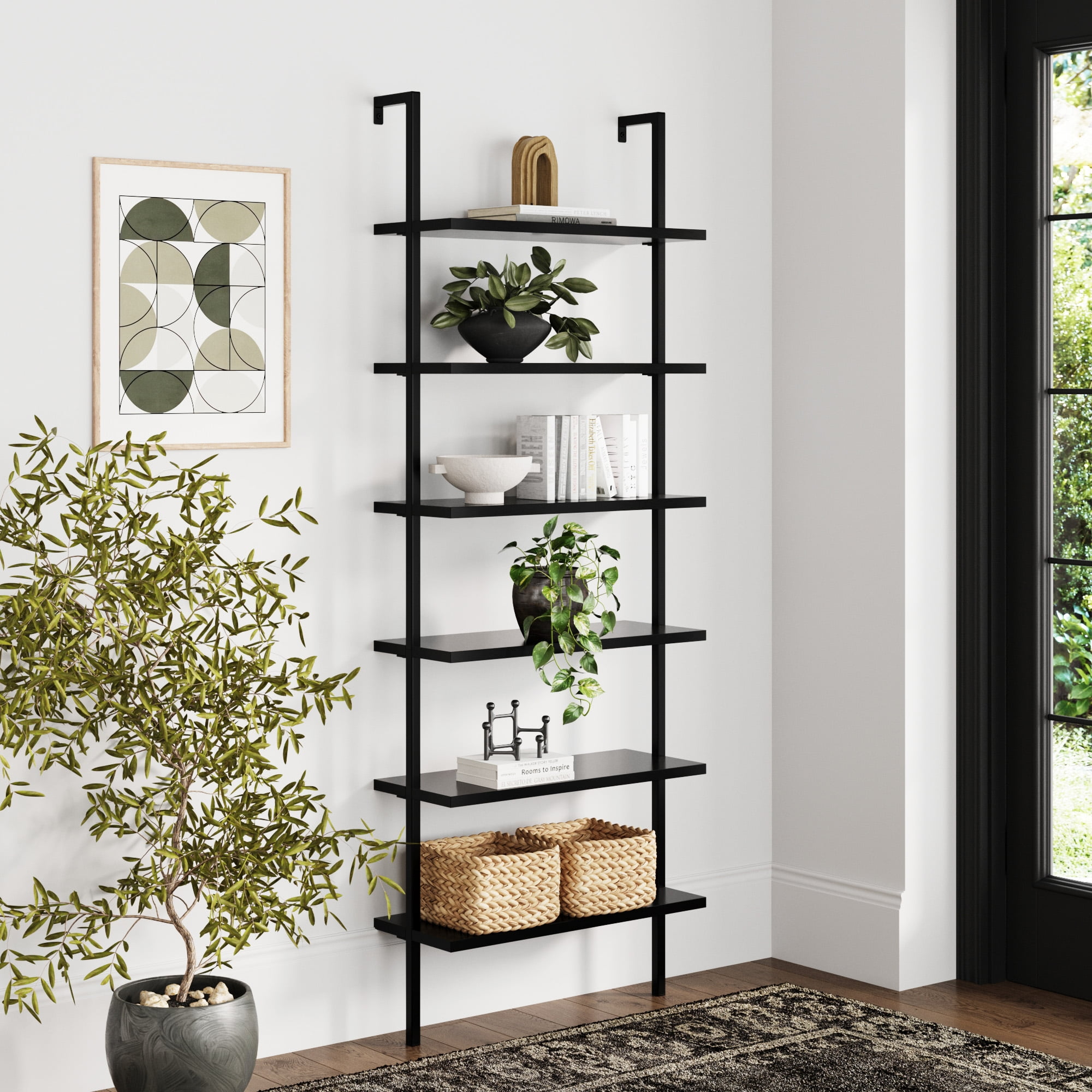 Theo Matte Black 6-Shelf Wood Ladder Bookcase