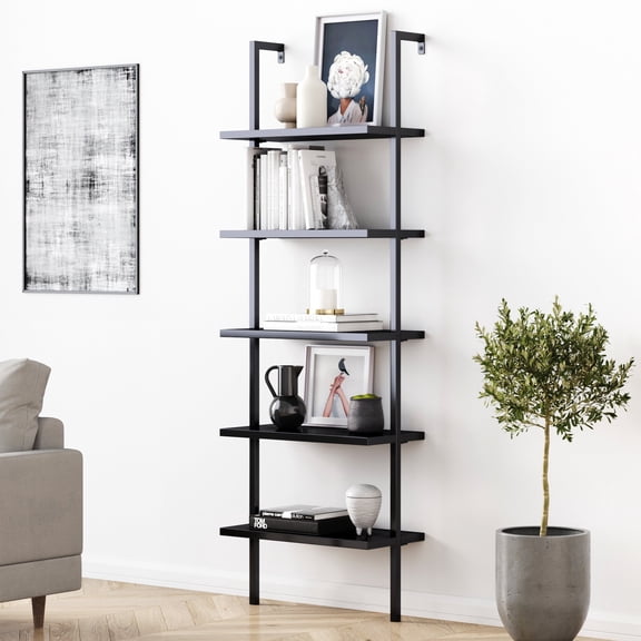 Nathan James Theo Industrial 5-Shelf Black Ladder Bookcase with Black Open Shelves and Black Metal Frame