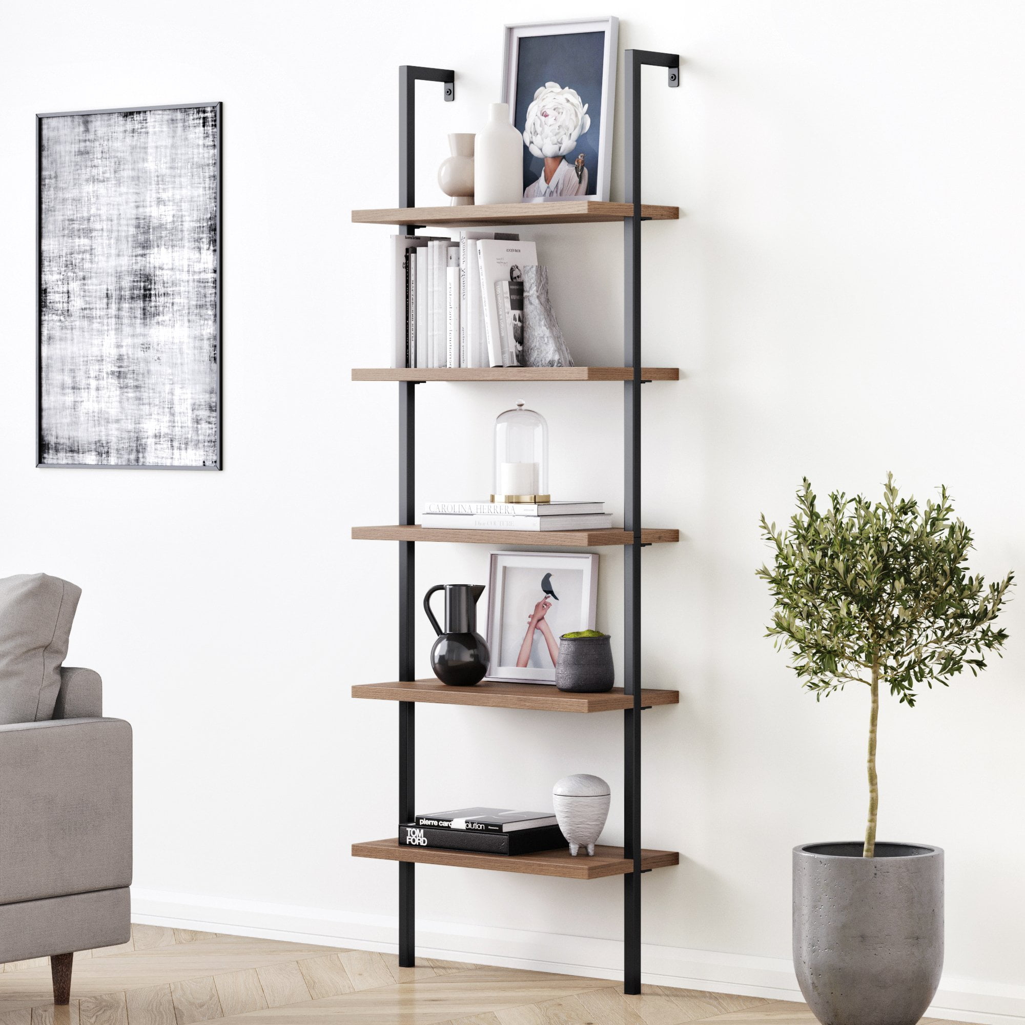 5-Tier Shelf Wood Ladder Bookcase w/ Metal Frame Industrial Modern Open-Shelving
