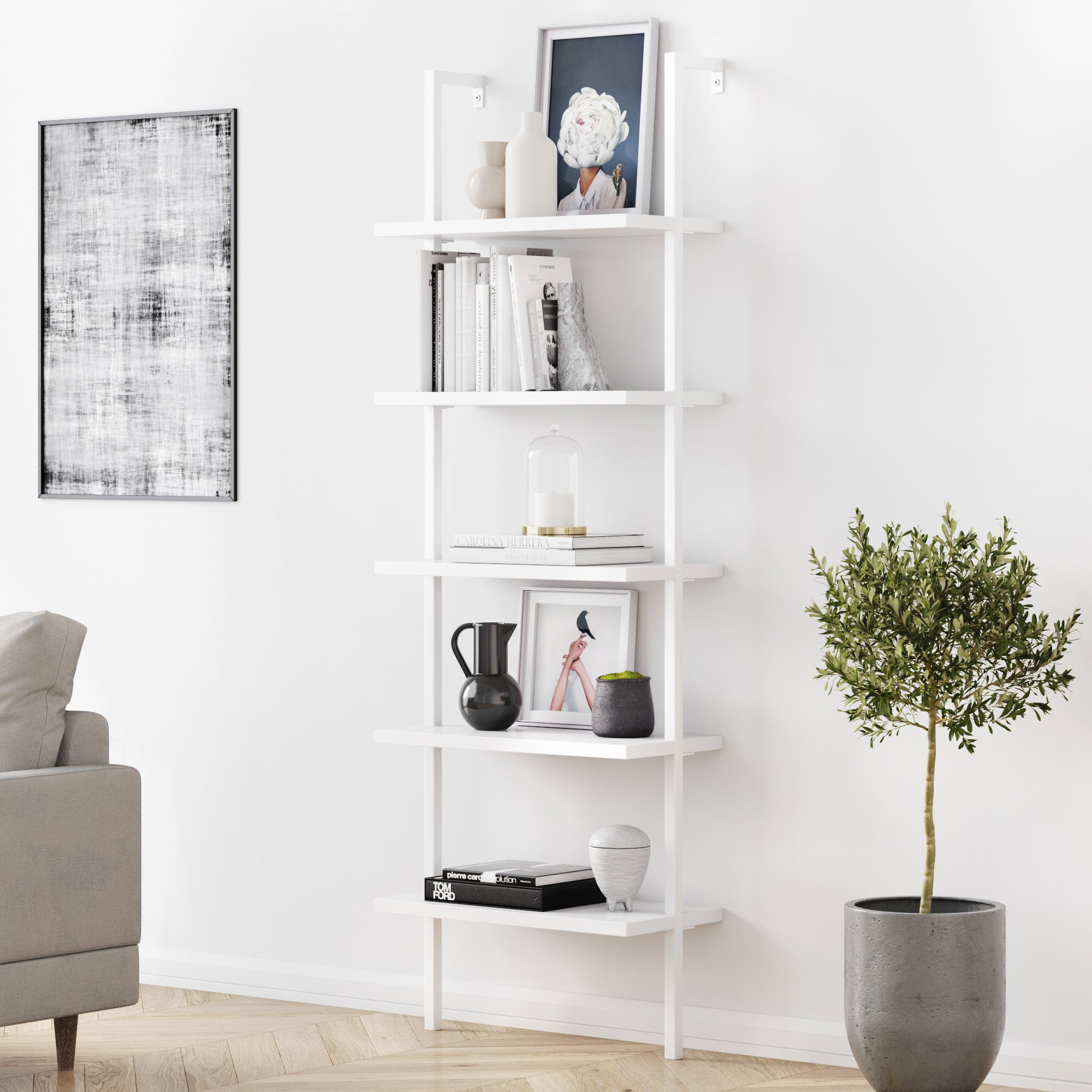 Nathan James Theo Industrial 5-Shelf White Ladder Bookcase with White Open Shelves and White Metal Frame