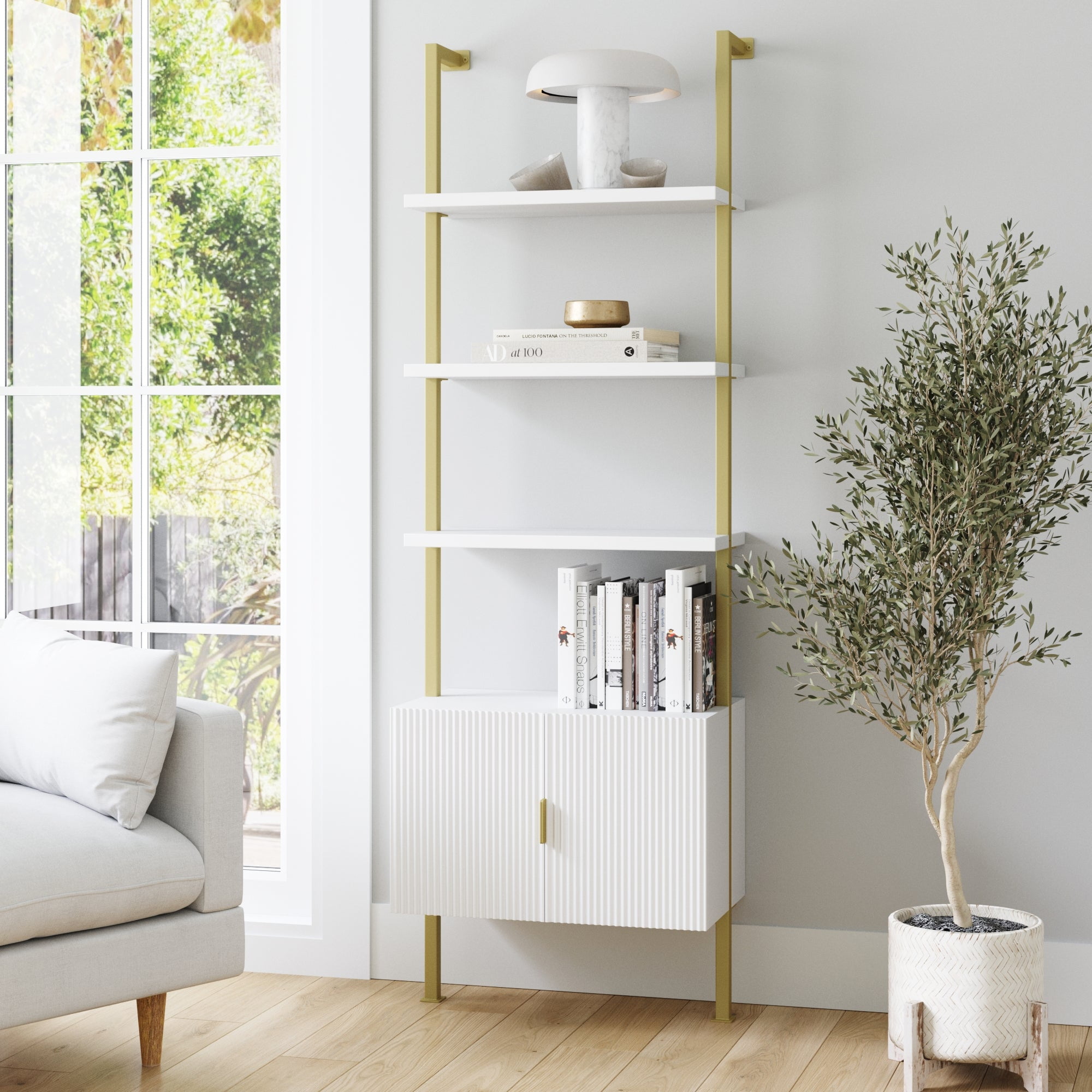 White and Gold Adjustable Ladder Bookcase with Cabinet