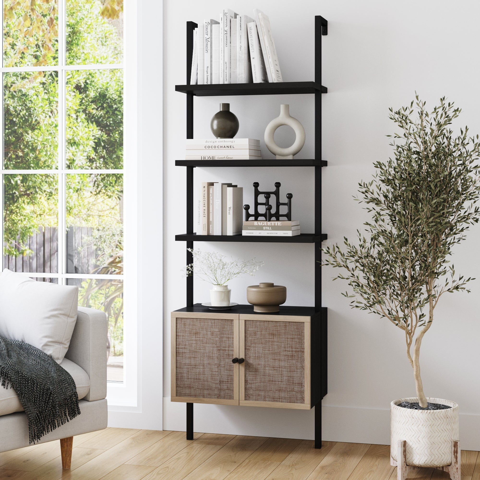 Nathan James Theo Open Shelf Bookcase with Rattan Drawers in Light