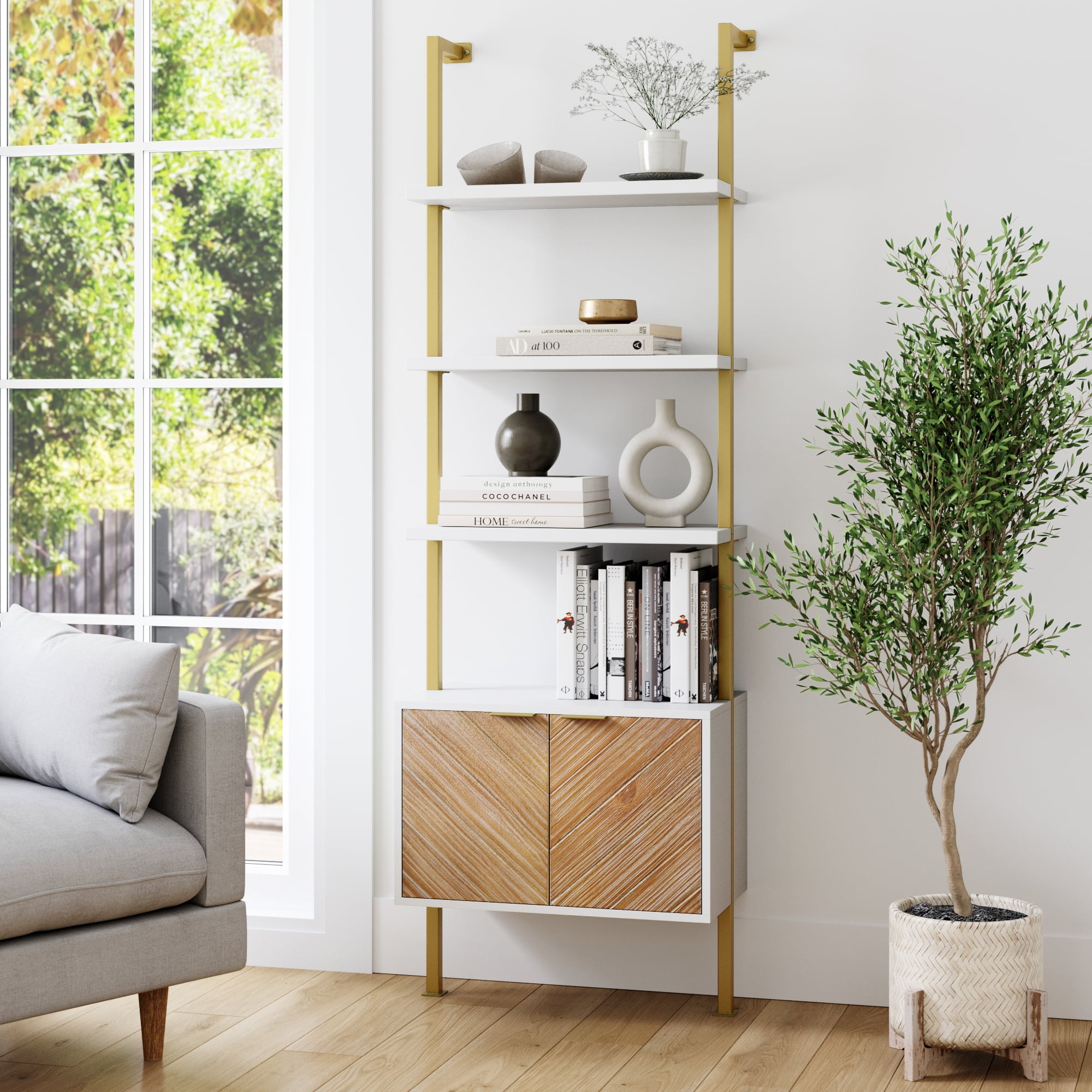 Free Shipping Nathan James Theo Modern Bookcase with Cabinet with Herringbone Pattern White Open Shelves and Brass Metal Frame Living Room Home Office Storage Walmart Walmart