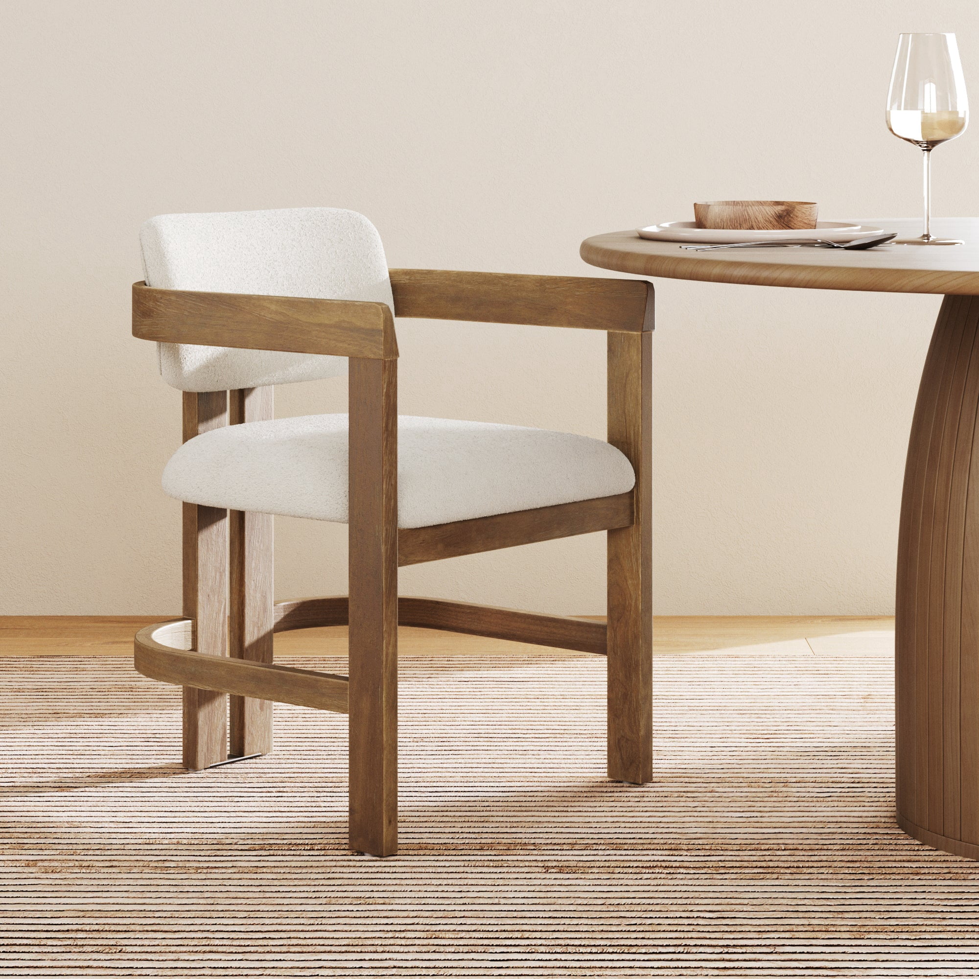 Nathan James Veya Modern Boucle Upholstered Dining Chair with Curved Back, Full Armrests, and Solid Wood Legs, Light Brown