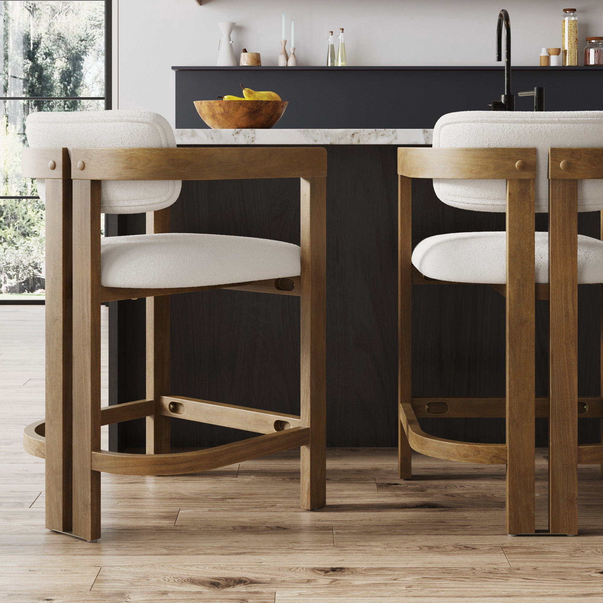 Nathan James Veya Modern Solid Wood Bar Stool with Back and Wraparound Armrests, Barrel Bar Stool with Boucle Upholstery, Light Brown