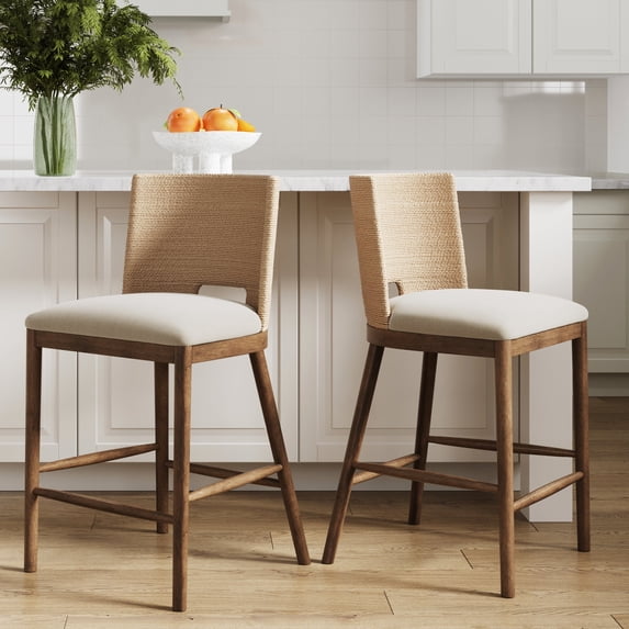 Nathan James Webster Bohemian Round Back Bar Stool, Upholstered Bar Stool with Seagrass Backrest for Kitchen or Bar, Medium Brown Set of 2