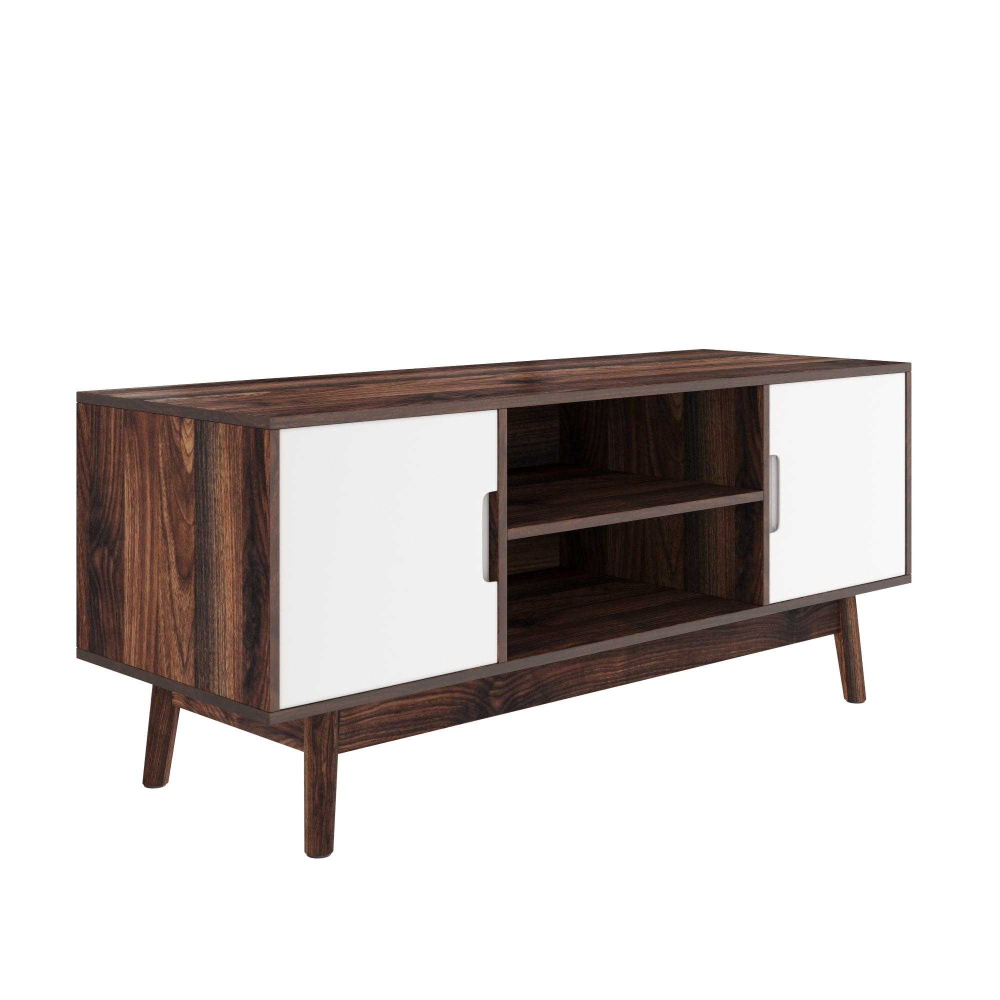 Nathan James Wesley Scandinavian TV Stand Media Console with Brown Frame and White Cabinet Doors